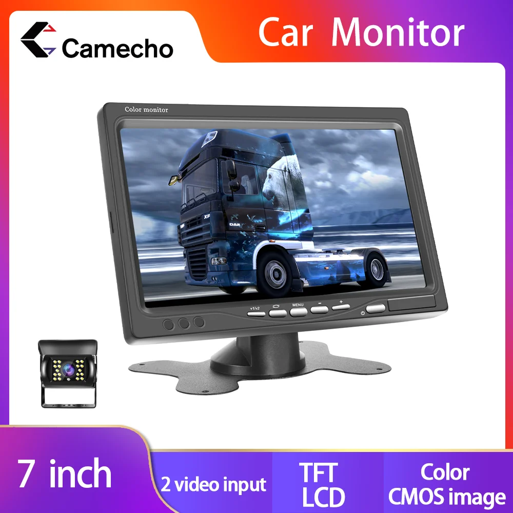 Camecho 7 Inch Car Monitor LCD Display Rearview Waterproof 4pin IR Night Rear View Camera for Bus Truck RV Caravan Trailers