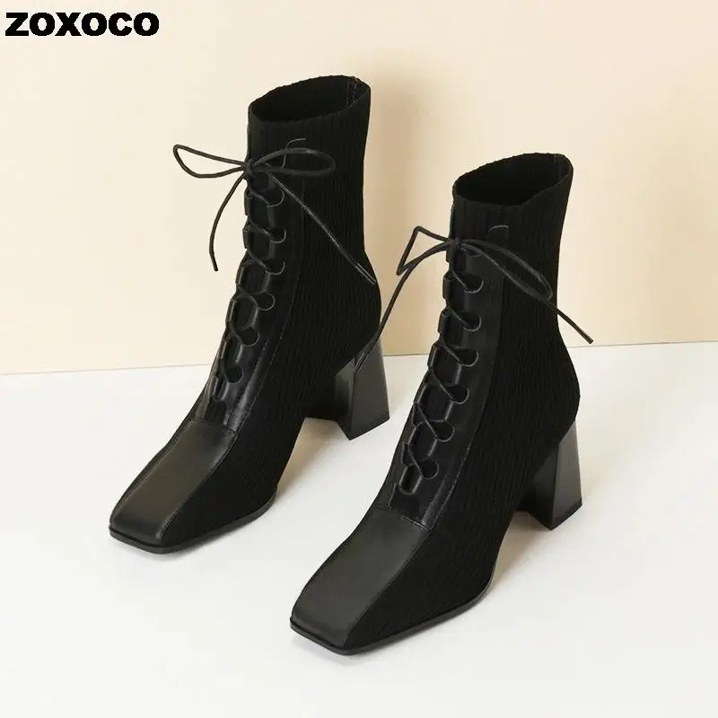 ZOXOCO 2022 Autumn Winter New Fashion Stitching Knitted Elastic Stockings Boots High-heeled Short Boots Women's Square Toe 39