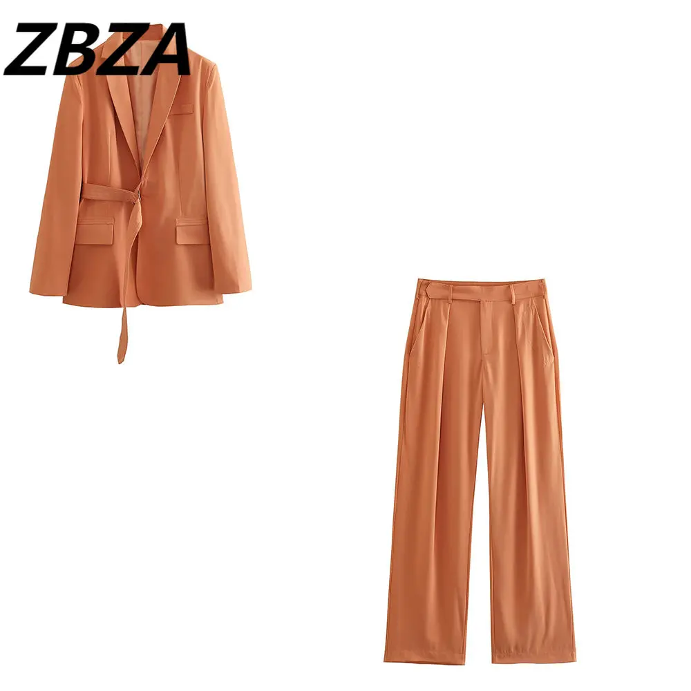 

Комплект ZBZA женский из 2 предметов, новинка 2023, модный блейзер с металлической пряжкой и ремнем, винтажные плиссированные брюки, женская верхняя одежда, шикарный