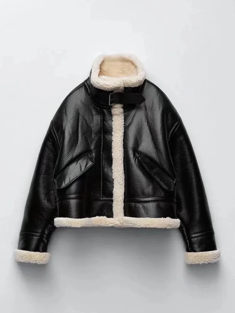 

New Autumn Winter Women Warm Faux Lamb Leather Fur Short Coat Streetwear Moto Biker Female Thick Jacket Spliced Outwear