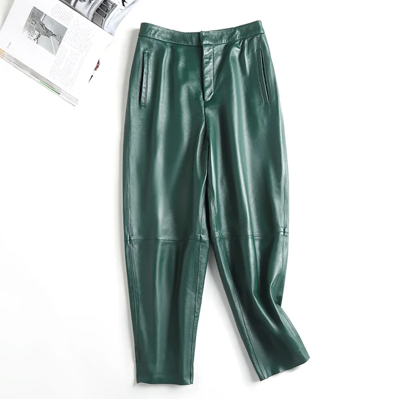 Leather Pants Women Spring And Autumn Haren Sheepskin Pants OL Genuine Leather Ankle Length Pants Simple Casual Pants