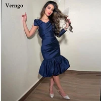 verngo cap sleeves satin mermaid prom party dresses navy blue one shoulder long sleeve tea length evening gowns saudi arabic