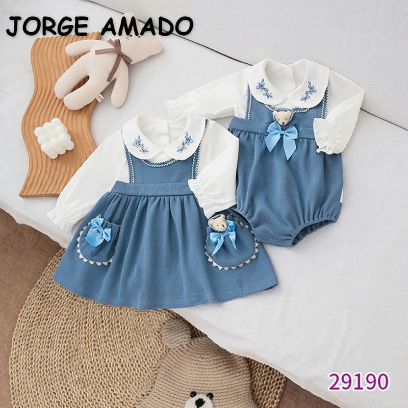 2022 Spring Family Matching Sister Clothes Long Sleeves White Blue Patchwork Bodysuit+Princess Baby Dress Twins Outfits E9190