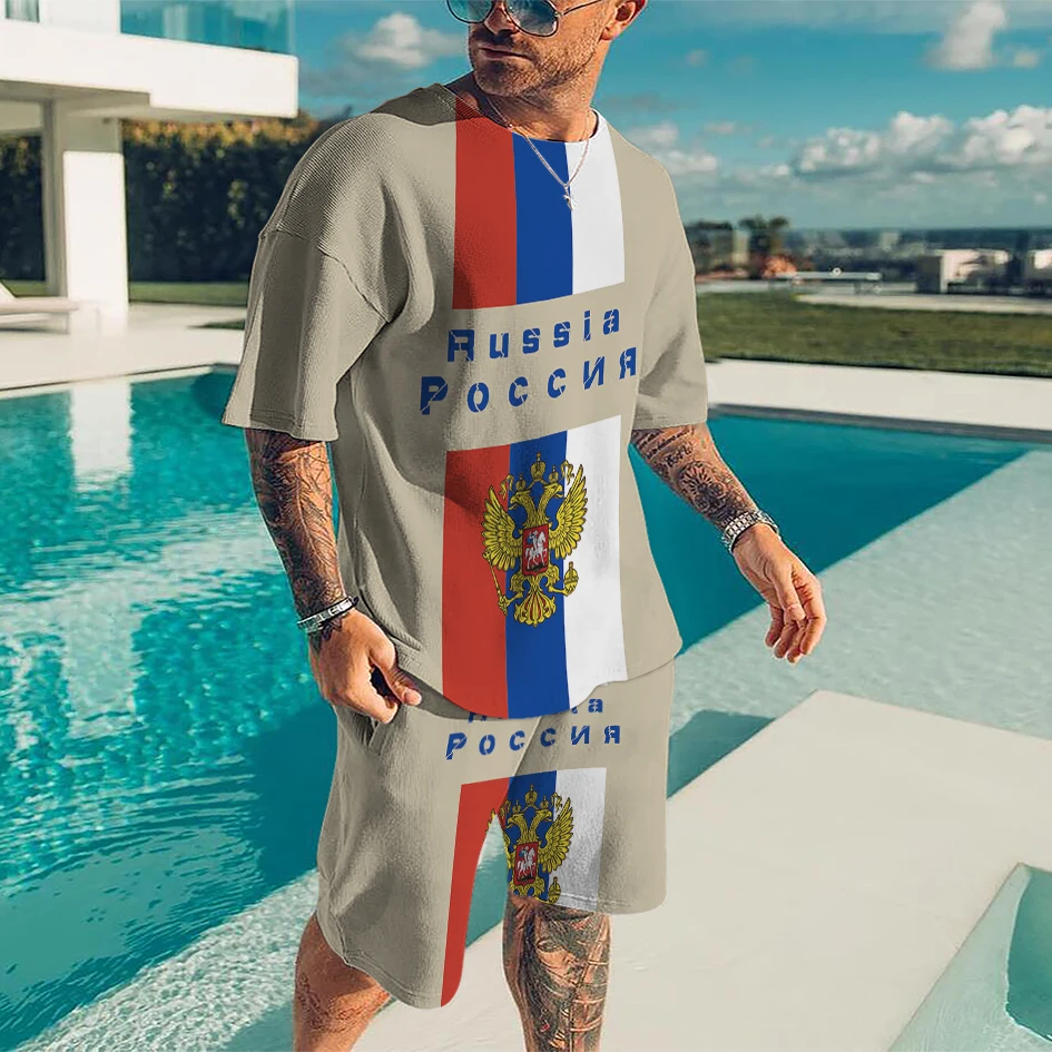 

2022 Men's 3D T-shirt Set Russian Flag Printing Men's Set T-shirt Suit Men Fashion Men's Women's Short Sleeve Shorts 2 Piece Set