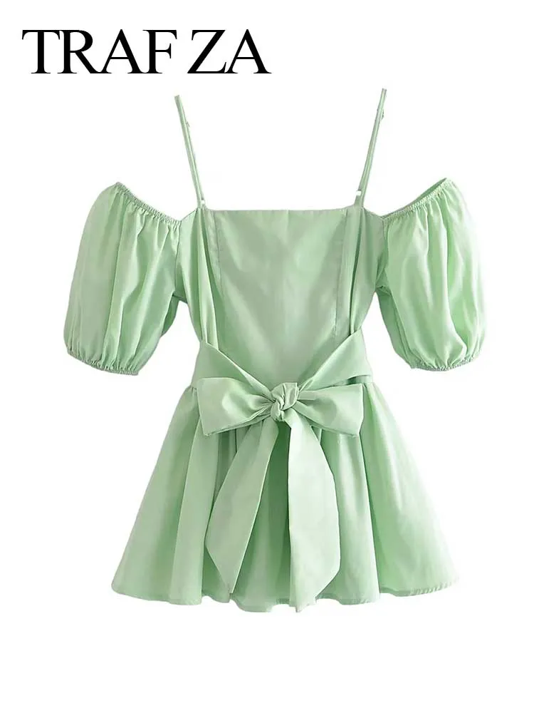 

TRAF ZA Summer New Fairy Temperament Puff Sleeve Ladies Shirt Fresh Elegant Sexy Fashion Low Cut Irregular Hem Sling Women's Top