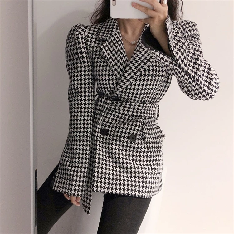 Autumn Winter New 2023 Houndstooth Blazers Women Jacket Woolen Pocket Checkered Puff Sleeve Lace Up Wild Tops Slim Vintage Coat