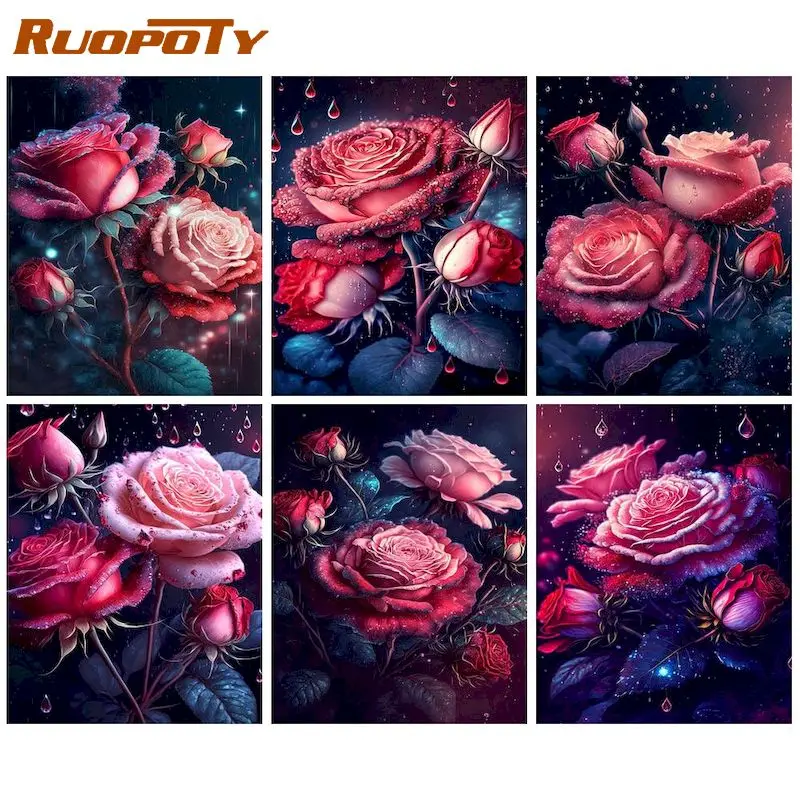 

RUOPOTY Oil Paint By Numbers Dark Roses Adults Crafts Diy Painting By Number Flower Painting Number Wall Decor