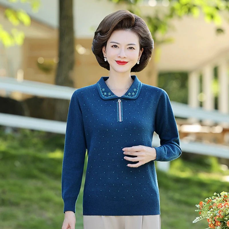 

Womens Autumn And Winter Turn Down Collar Sweater Retro Casual Pullover Knitted Sweater Long-sleeved Top