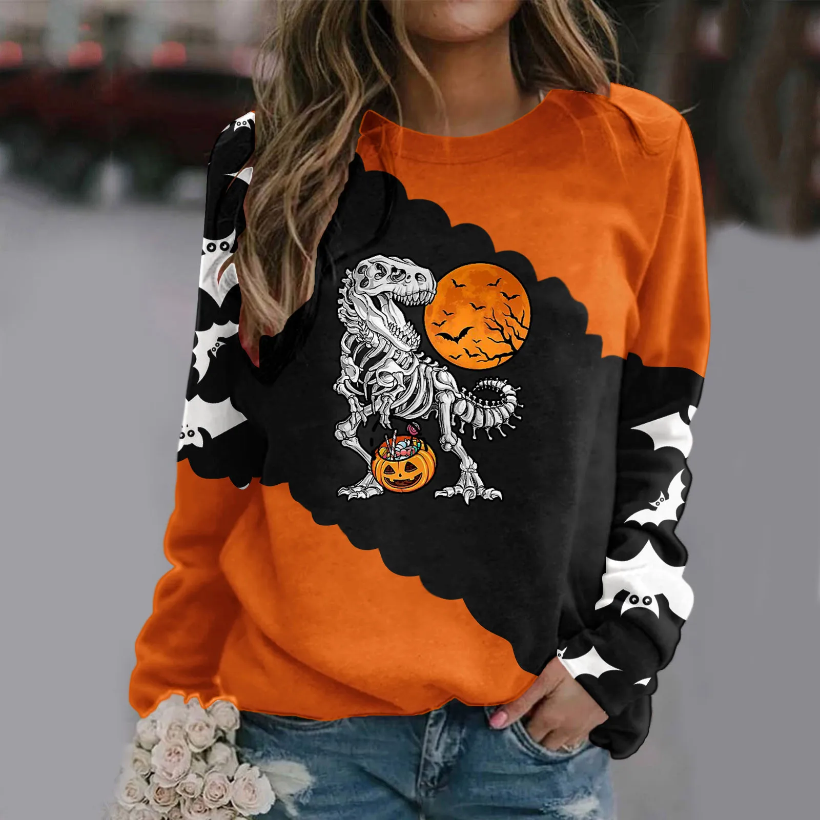 

Loose Blouse For Womens Halloween Print O Neck Sweatshirt Round Neck Fit Pullover Tops Loose Pullover Loose Sweaters Women