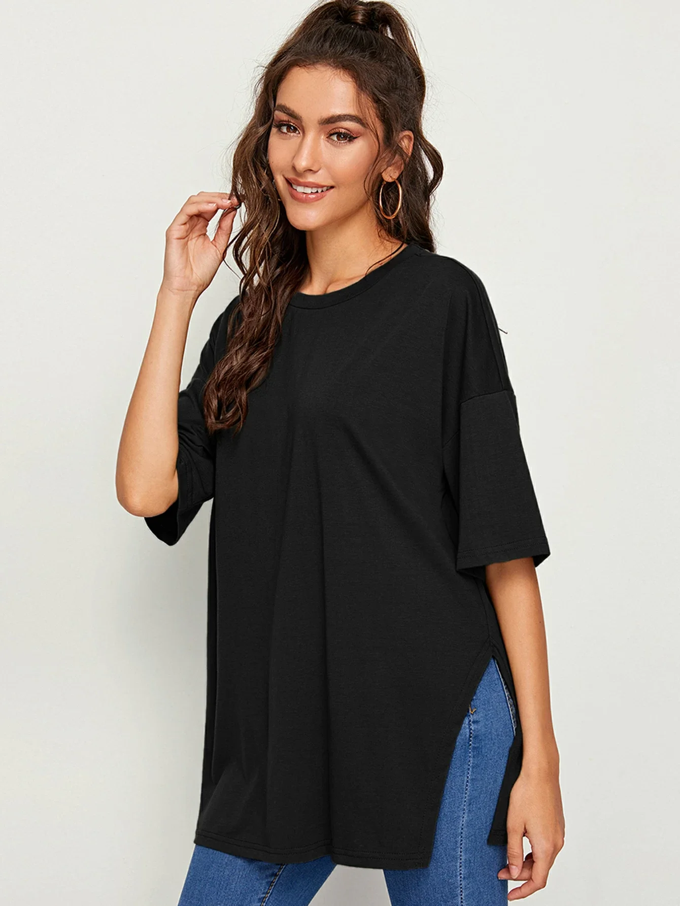 

tops Drop Shoulder Slit Side Longline Tee