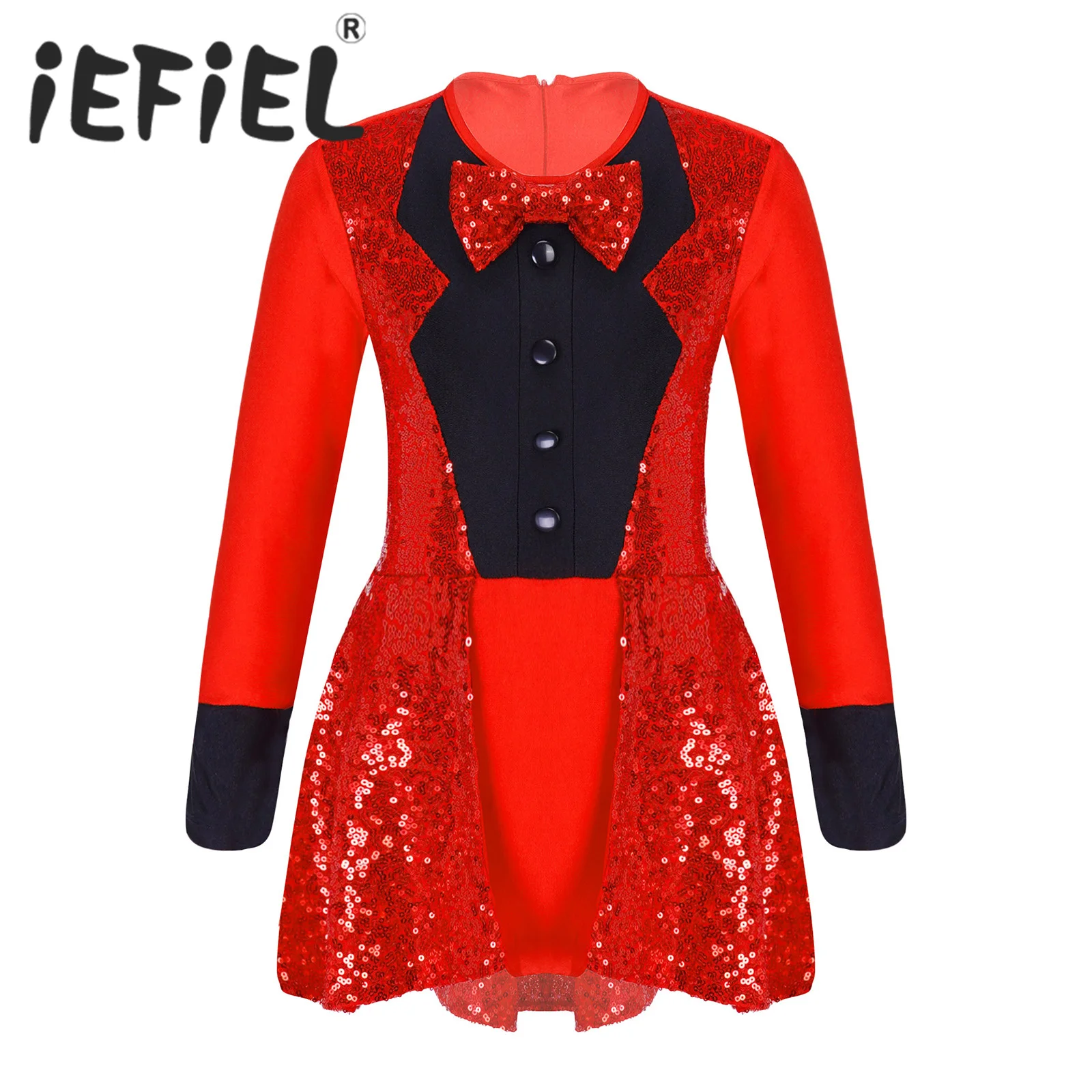 

Kids Girls Circus Costume Halloween Cosplay Clothes Long Sleeves Bow Tie Sequins Adorned Leotard Dress for Stage Performance