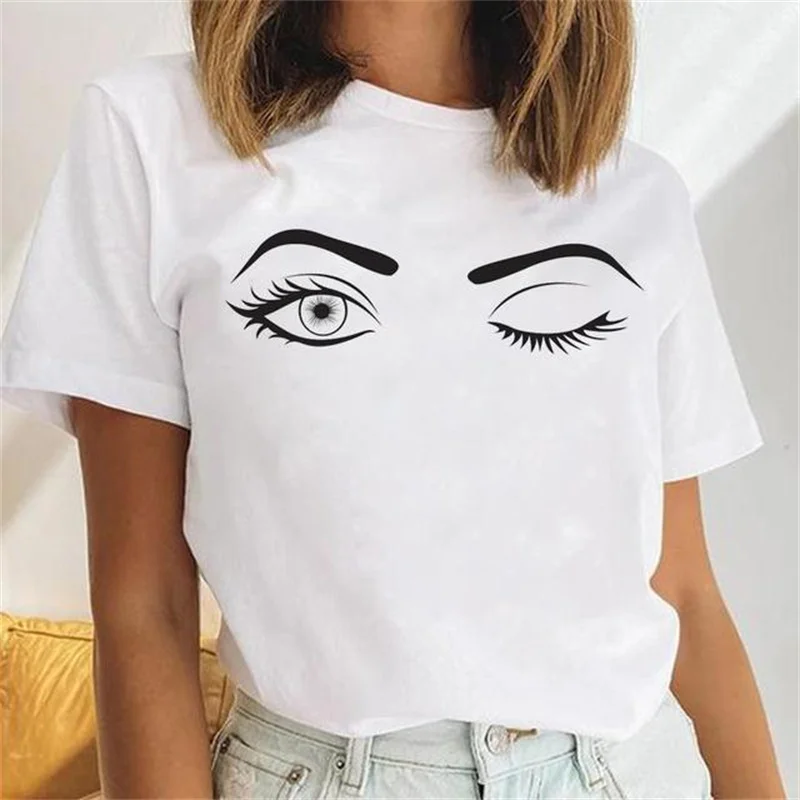 

Cute Female Short Sleeve Cartoon Print Ladies Tees Tshirt Clothes Tops Graphic T-Shirt Women Eyelash Crown Print T Shirt