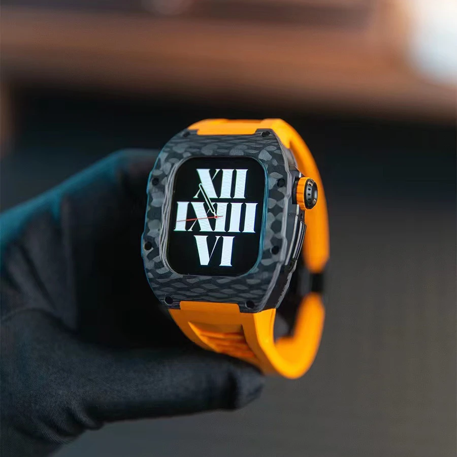 Carbon Fiber Modification Kit for Apple Watch 40mm 41mm Metal Butterfly Clasp Mod Kit for IWatch 8 7 6 5 4 SE Fluororubber Strap