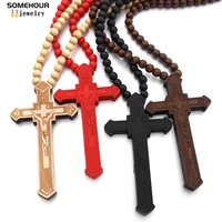 somehour engraved big jesus corss wooden pendant necklace god blessed wood beads chain religious hiphop jewelry man women gifts