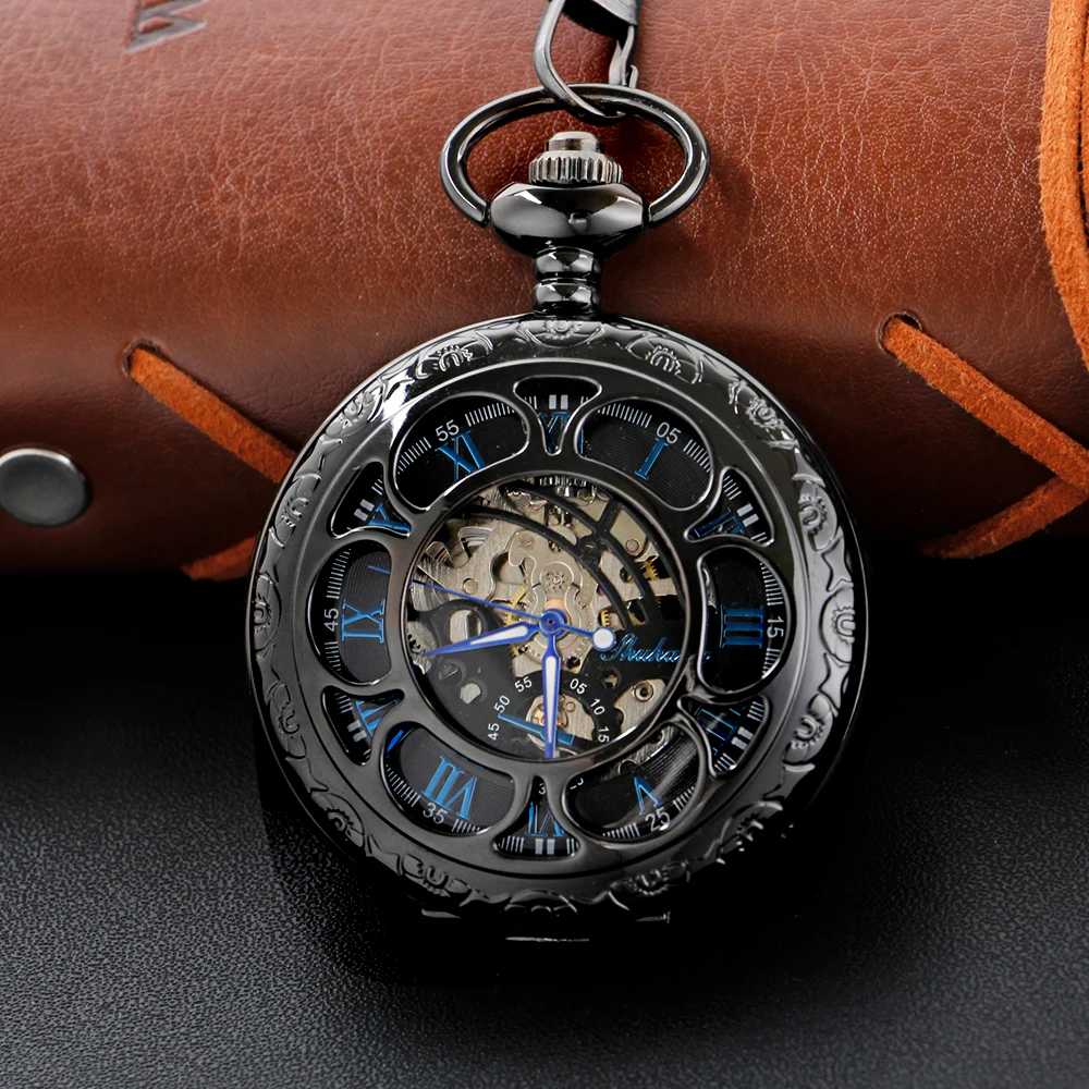 Featured Sculpture Hollow-Out Pocket Watch Robot Hand Style Steam Punk Necklace Fob Watch Chain Blue Roman Digital Clock Gift