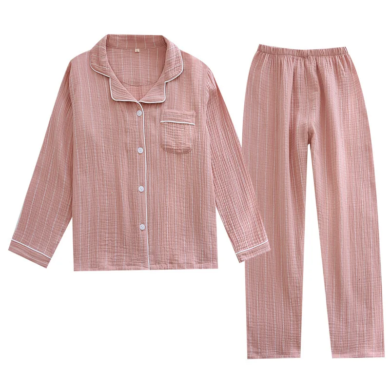 New Spring Summer Crepe Cotton Pyjamas Set 100% Cotton Soft Sleepwear Pajamas Set For Lady Stripe Pattern Pajamas Homewear