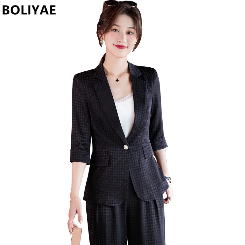 Women Suits 2022 Spring New Two-piece Baggy Printed Blazer Drape Wide Leg Casual Pants Suit Blazers Office Lady Jackets OL Coat