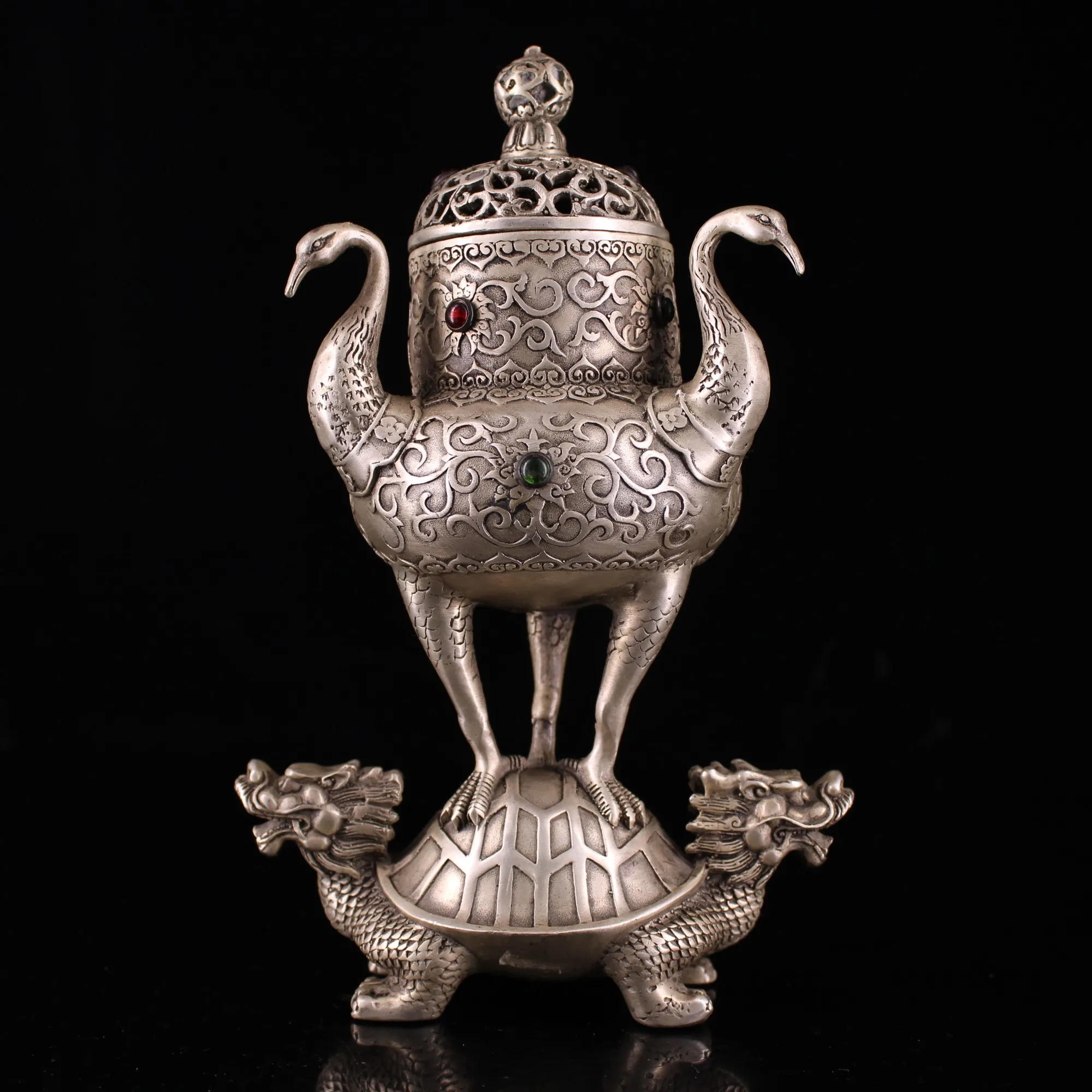 

9"Tibetan Temple Collection Old Bronze Gilt silver gem three peacocks Double dragon glans incense burner Town house Exorcism