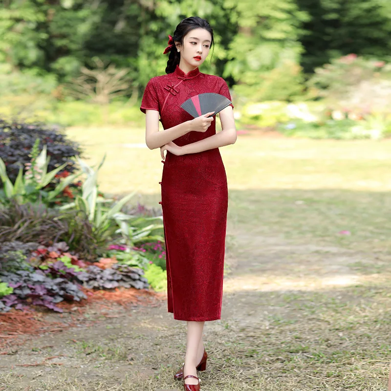 

Женское вечернее Кружевное платье-Ципао Yourqipao, красное праздничное свадебное платье в китайском стиле с воротником-стойкой в стиле ретро на день рождения, лето 2023