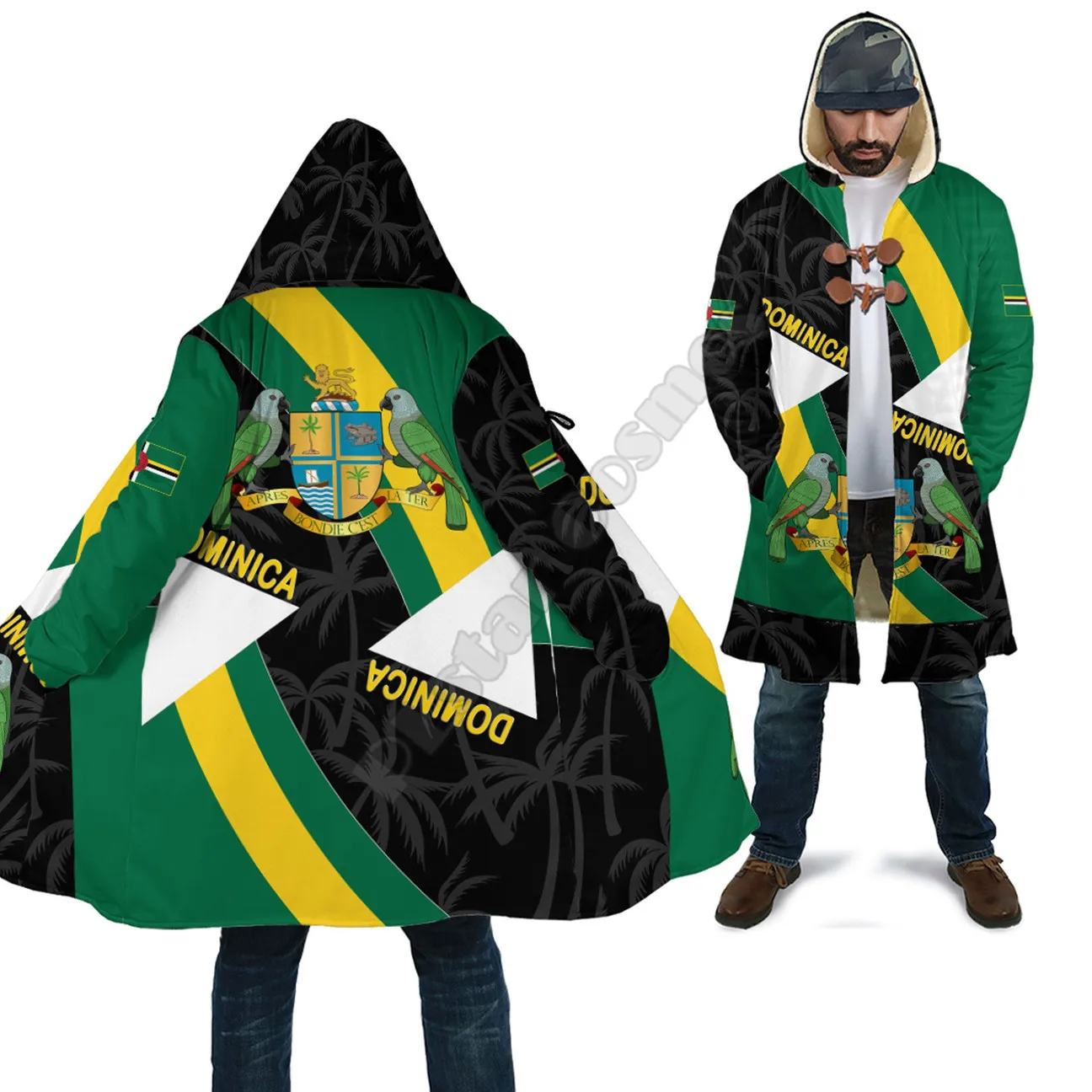Dominica/Ethiopia/Grenada 3D Printed Fashion Winter Men/Women Hooded Cloaks Fleece Wind Breaker Unisex Casual Warm Overcoat