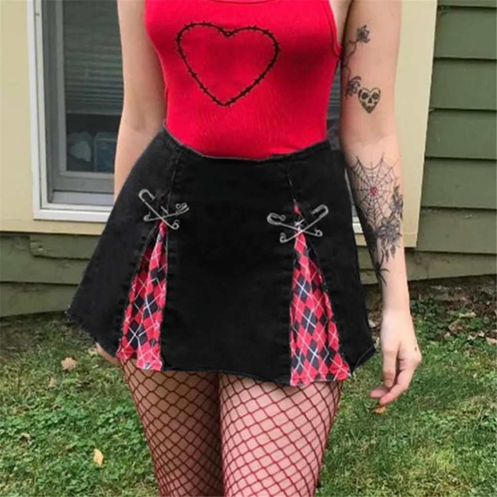 

Skirt Gothic Retro Darkness Street Women's Irregular Plaid Patchwork Short Skirt Pin Decorated Dark Skirt Summer New 2022