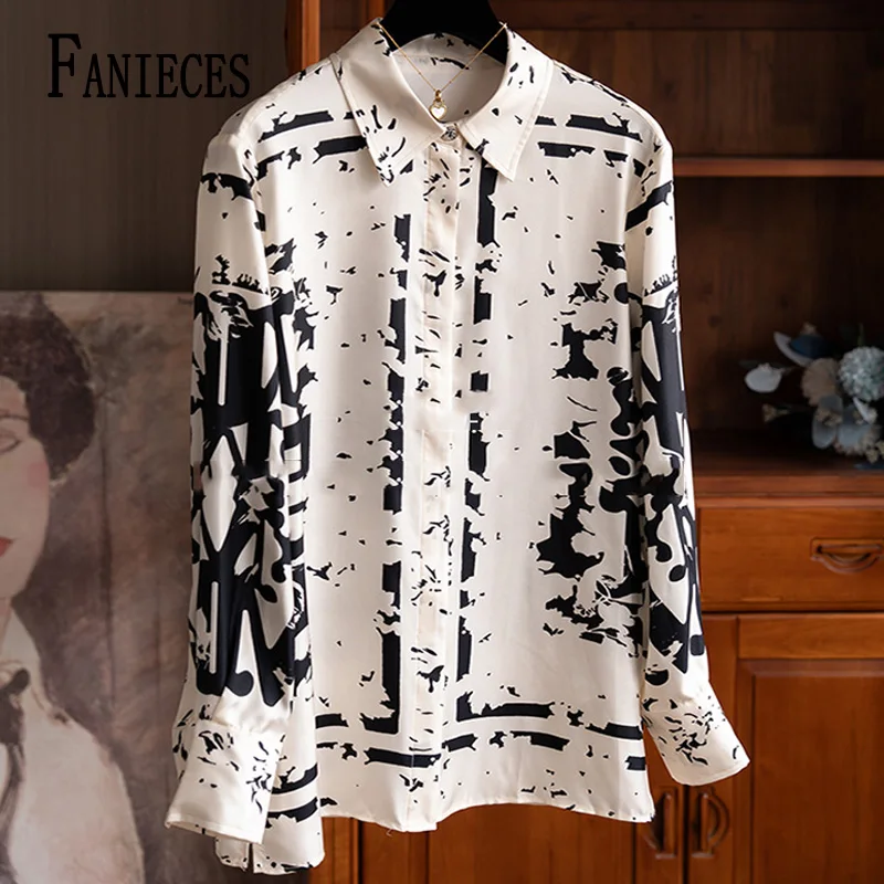Фото Роскошная дизайнерская женская рубашка FANIECES, повседневные топы, осенняя модная винтажная женская рубашка с длинным рукавом и принтом, элегантные офисные женские блузки №1