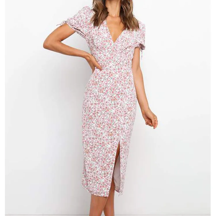 

Women's Clothing 2022 New Elegant V-neck Puff Sleeve Slim-Fit Pink Floral Split Dress for Women Evening Party Long Maxi Dress