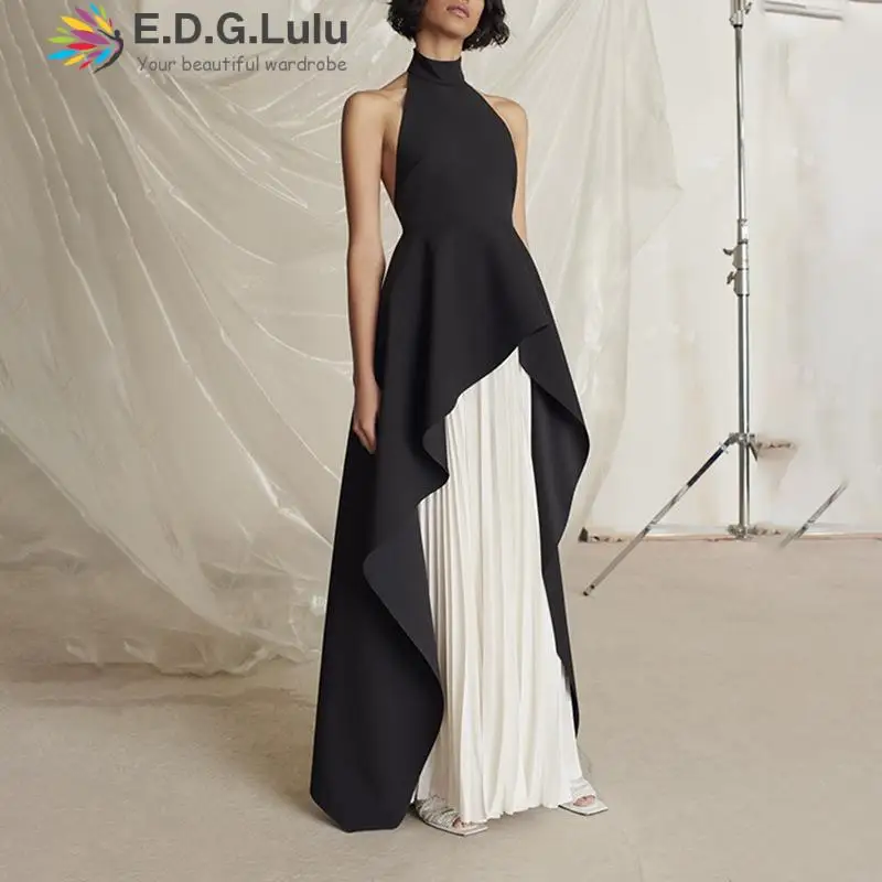 EDGLuLu Women Two Piece Outfits 2022 Design Halter Neck Sleeveless Backless Black  Long Dress+white Long Skirt Fashion Suit 0922