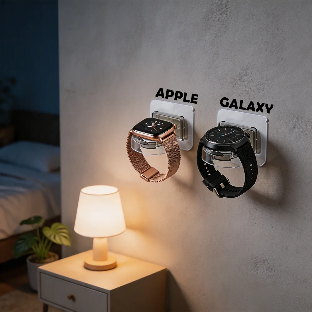 Фото Настенный держатель-подставка для зарядки умных часов Apple и Samsung Galaxy Watch, без необходимости сверления, прозрачный органайзер-док-станция. №2