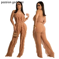 fashion streetwear women sexy strapless off the shoulder crop top mesh 2 piece set edible tree fungus straight long pant outfits