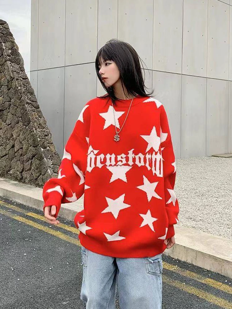 Свободные свитера с принтом звезды Zoki женские винтажные уличные пуловеры
