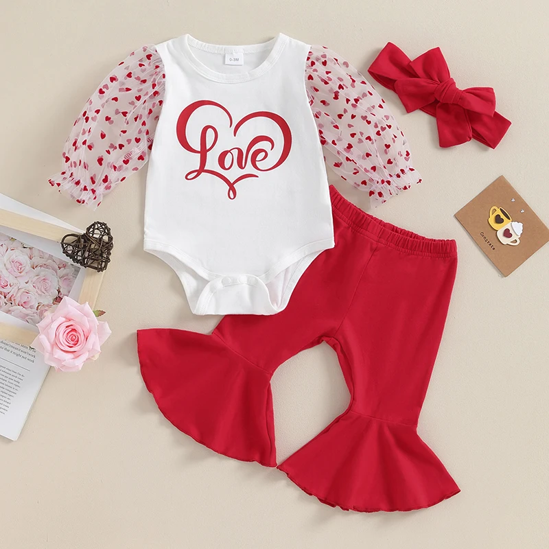 

BULINGNA Infant Baby Girl Valentine s Day Outfit Mesh Puff Sleeve Love Romper Flared Pants Headband Clothes Set