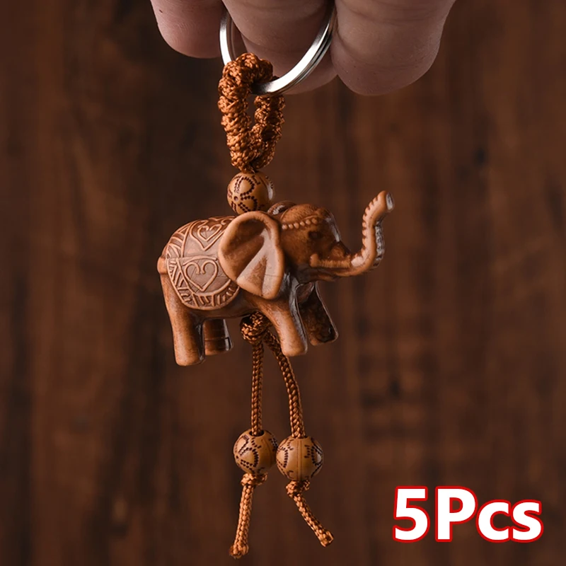 

5Pcs Women Men Lucky Wooden Elephant Carving Pendant Keychain Religion Chain Key Ring Keyring Jewelry Wholesale Cute Keychains