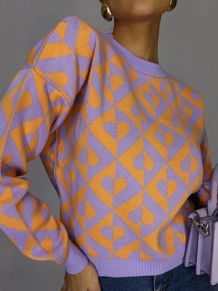 

Autumn Winter Knitted Sweater Women Short Pullover Heart Argyle Long Sleeve Tops Casual Elegant Warm Jumper Pullovers