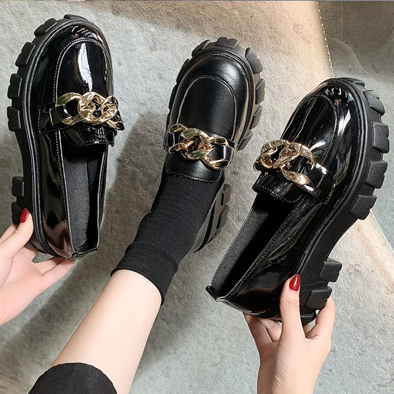 

2022 Female Shoes Women Fashion Mary Janes Round Toe Flats Loafers Oxfords Platform Casual Metal Chain Buckle Ladies Heels Black