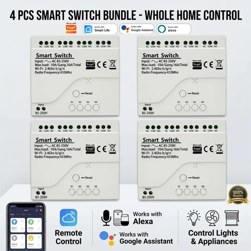 Фото 4 штуки Tuya 4-канальный WiFi RF433 смарт-реле выключатель AC85-250V широкое напряжение, 4 независимых канала, с таймером, управление через Smart Life, дистанционный пульт для гаражных дверей, рольставней, ламп и бытов №1