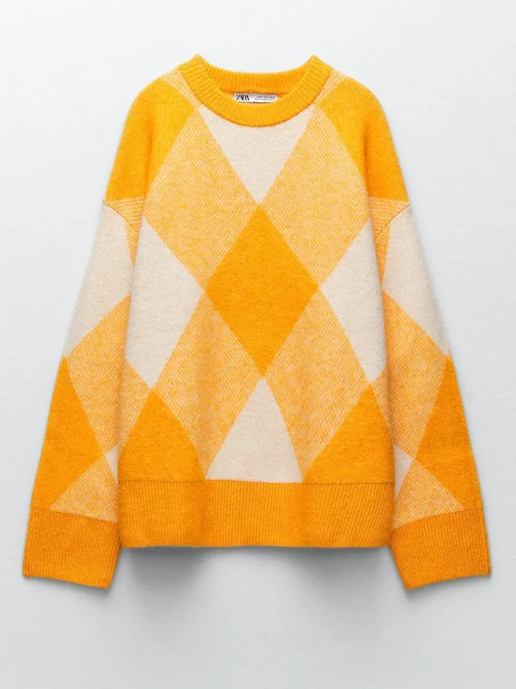 Женский вязаный свитер Za Свободный пуловер с рисунком ромбиками джемпер для