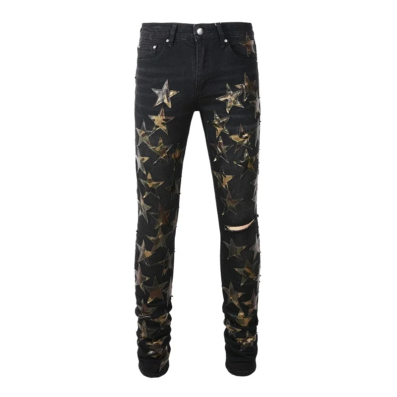 Mens High Quality Distressed Slim Fit Streewear Fashion Style Skinny Stretch Embroidered Leather Stars Patchwork Ripped Jeans