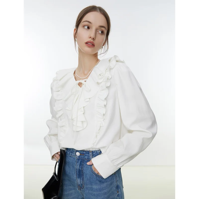 

Женская одежда, белая рубашка с оборками и V-образным вырезом, американская мода, для отдыха, винтажный свободный весенний пуловер с длинным рукавом