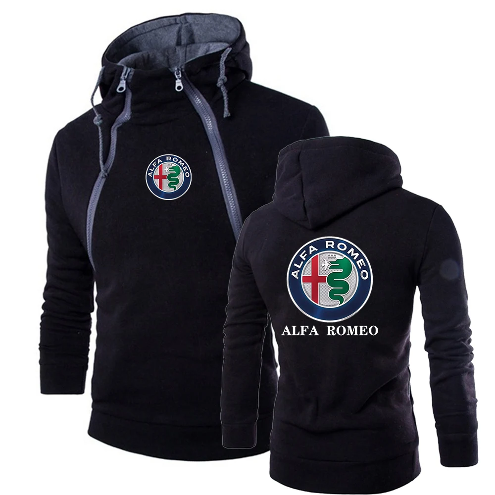 

2023 Alfa Romeo New Solid Color Double Diagonal Zip Design Hoodies Spring and Autumn Men Hooded Long Sleeve Sports Top