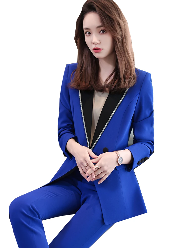 High Quality Women White Blue Black Formal Pant Suit Fashion Female Blazer and Trouser Office Ladies Winter Work 2 Piece Set