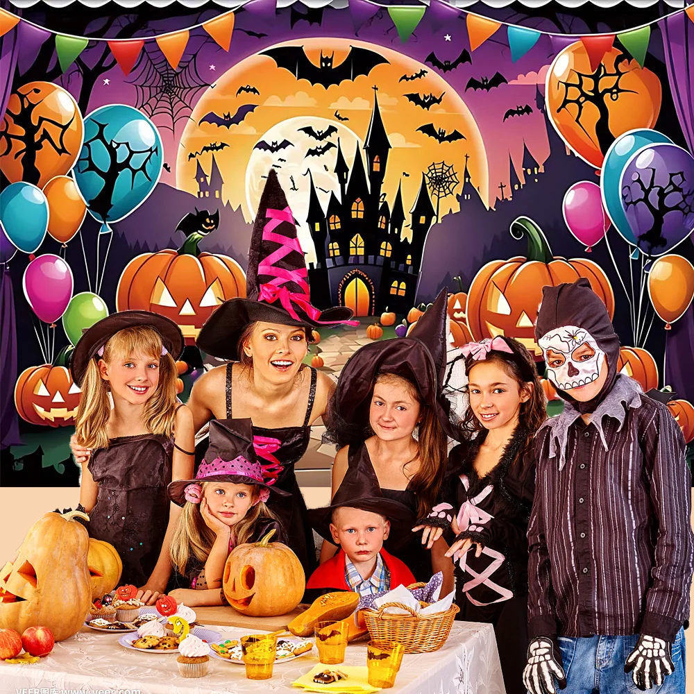 Фон на Хэллоуин воздушный шар Тыква фонарь замок летучая мышь Ночь Луна детский