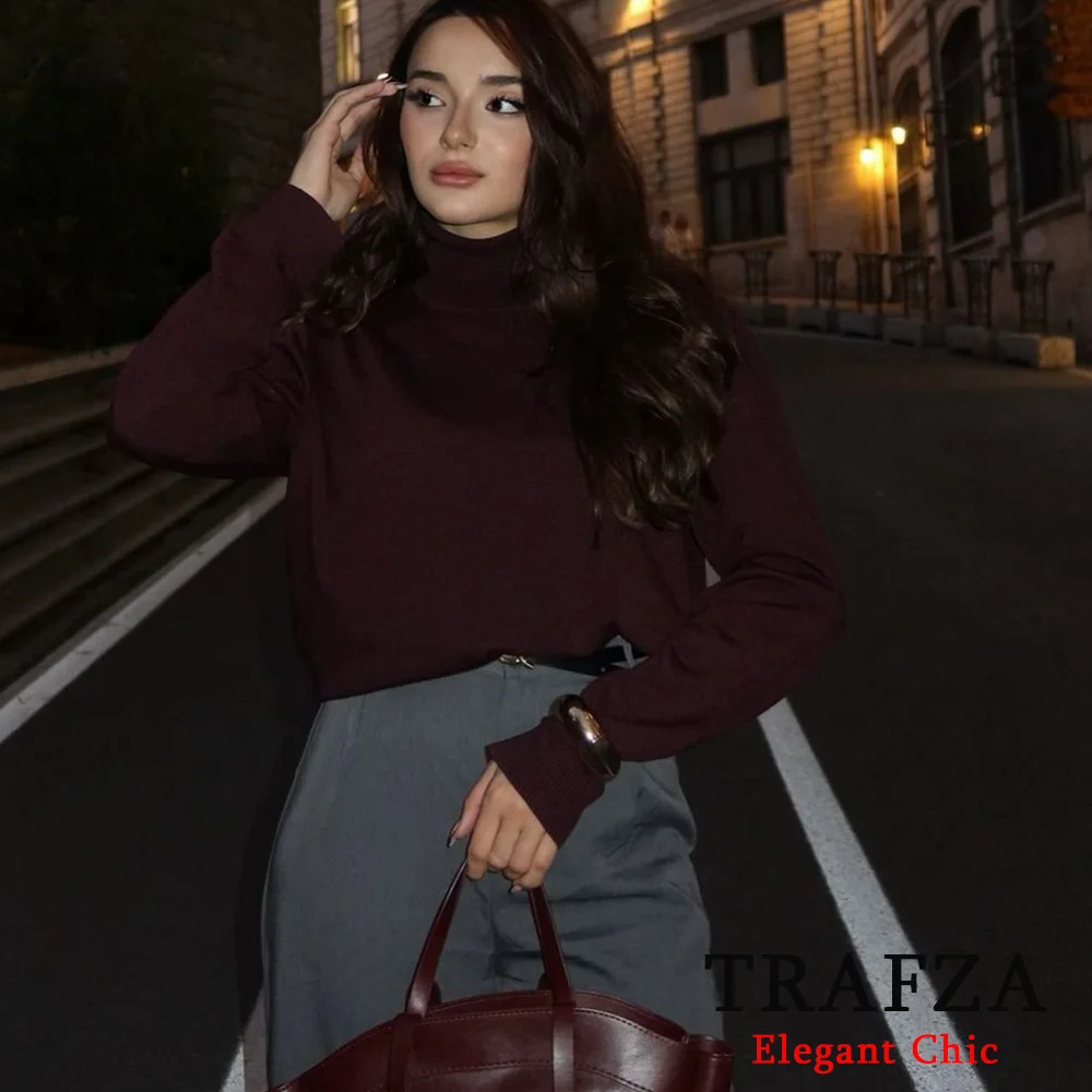 TRAFZA женский бордовый мягкий вязаный свитер базовый с круглым вырезом и длинными