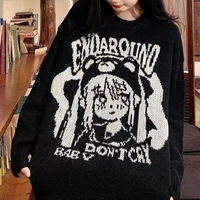 deeptown gothic anime print sweater women harajuku fashion black oversize knitted jumper female harajuku goth cartoon pullover
