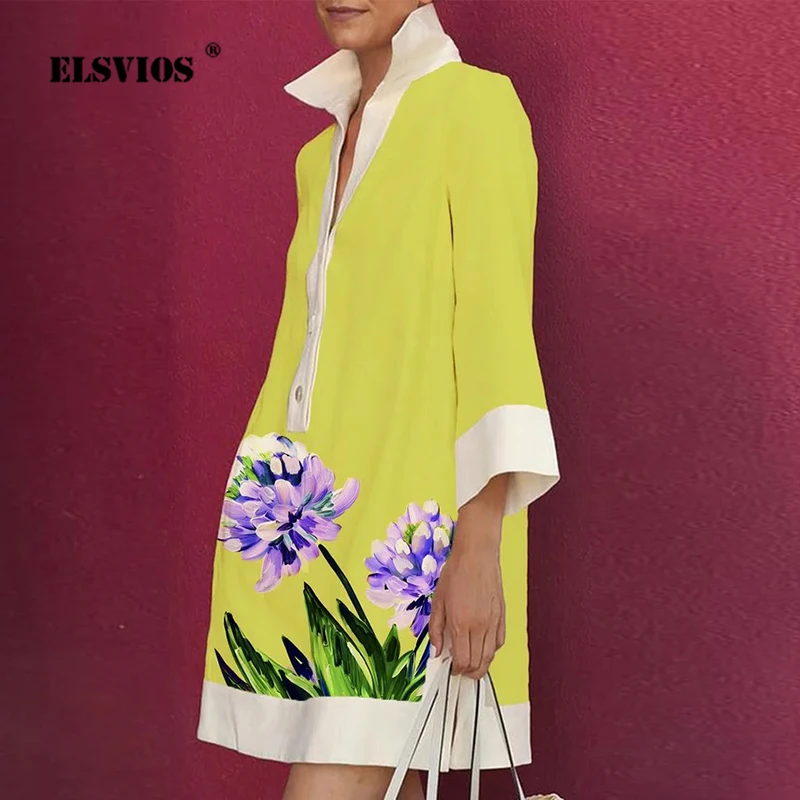 

New Printed Turn-down Collar Buttons Mid Dress For Women Fashion Commute Elegant Wrist Long Sleeve Dresses Summer Casual Vestido