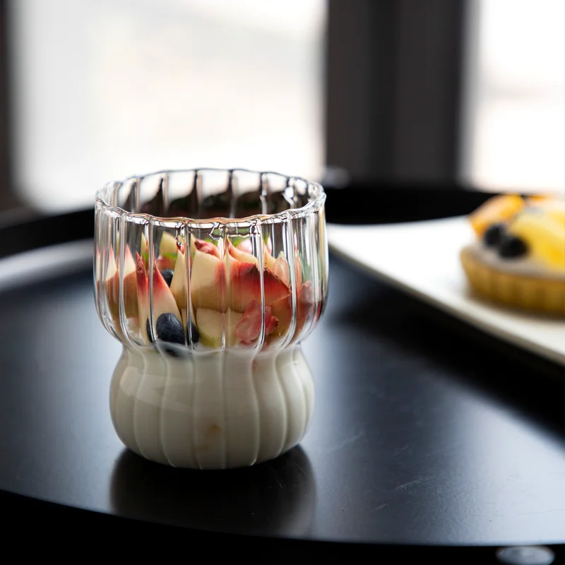 

Cute Striped Glass Cups Breakfast Oatmeal Mug Household Ice Cream Yogurt Milk Juice Wine Cup Temperature Resistant Glass Cafe
