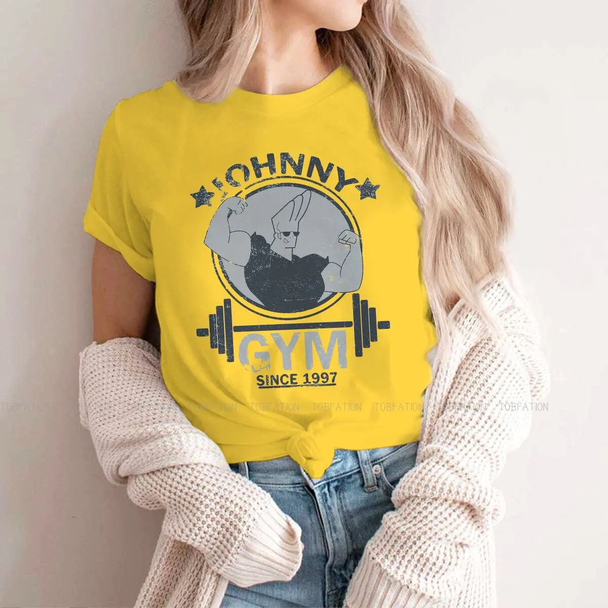 

Gym Newest TShirts Johnny Bravo Bravo Cartoon Girl Graphic Fabric Tops T Shirt Round Neck 4XL