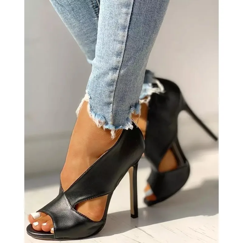 

Women Sandals Style Summer Sandal Peep Toe Slip-On PU 10CM Thin Heels Classics Office Work Summer Women Shoes Pumps black