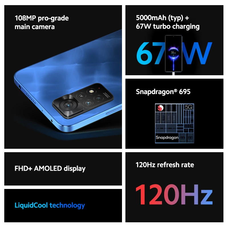 Tanie Globalna Wersja Xiaomi Redmi Note 11 Pro 5G 6GB/128GB Smartphone Octa Core Snapdragon 695108MP Kamera 67W Turbo ładowanie 5000mAh