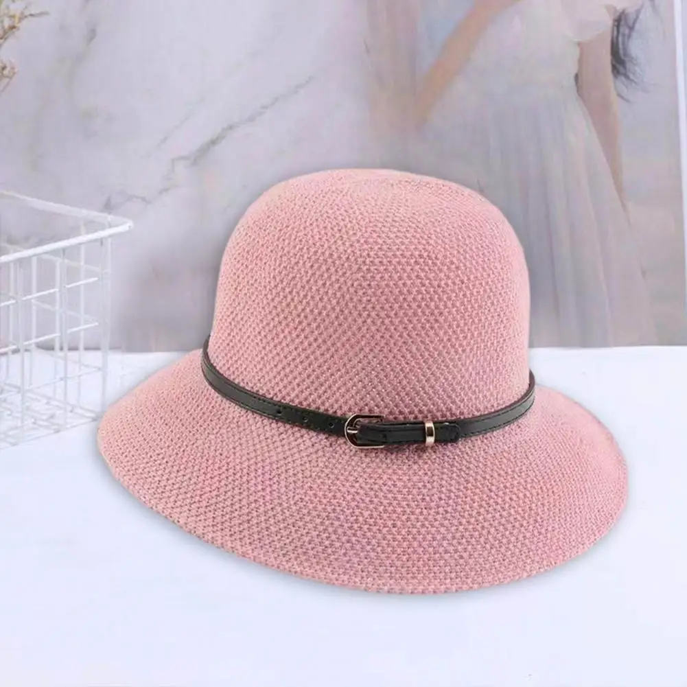 Faux Leather Buckle  Useful Lady Summer Beach Party Knitting Bucket Hat 5 Colors Women Sunhat Fashion   Girls Accessories